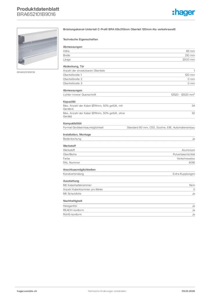 Bild Hager Produktdatenblatt BRA652101B9016 | Hager Schweiz