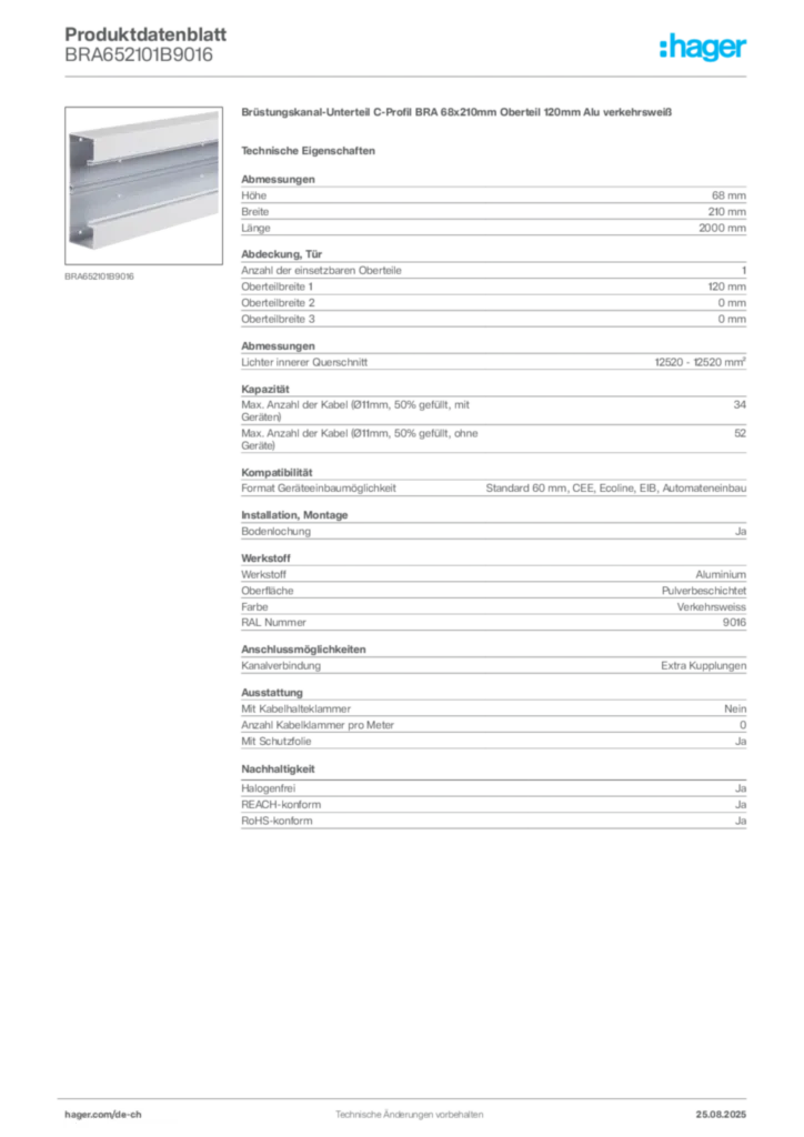 Bild Hager Produktdatenblatt BRA652101B9016 | Hager Schweiz
