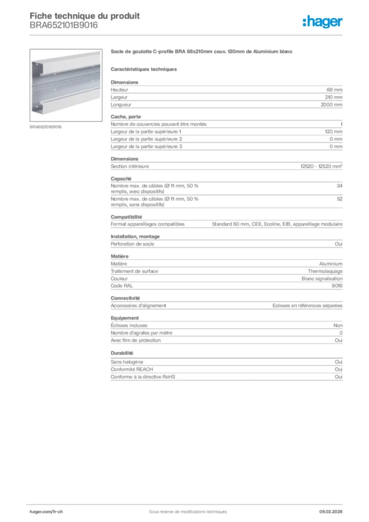 Image Hager Fiche technique du produit BRA652101B9016 | Hager Suisse