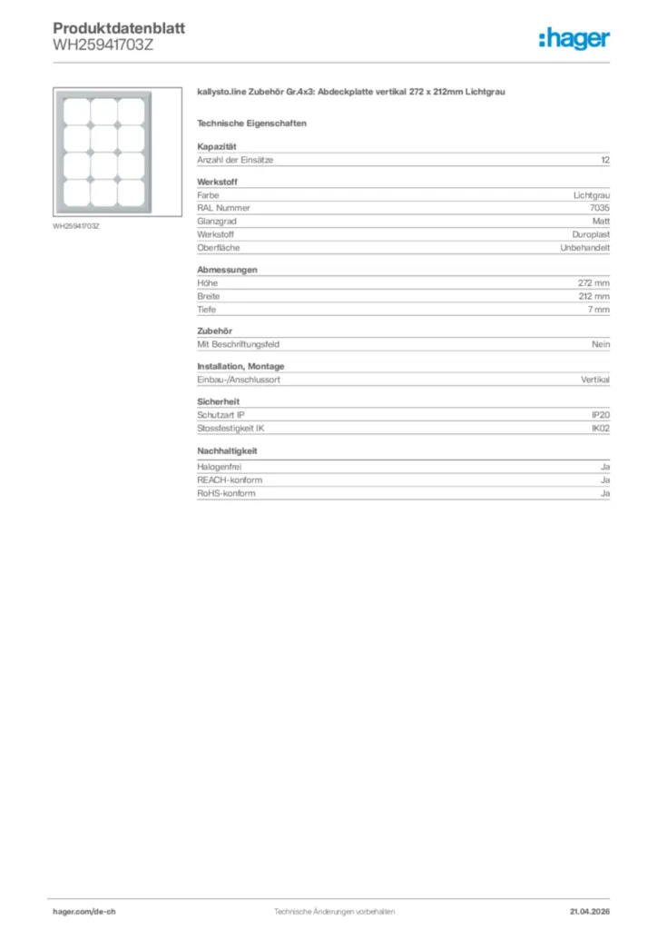 Bild Hager Produktdatenblatt WH25941703Z | Hager Schweiz
