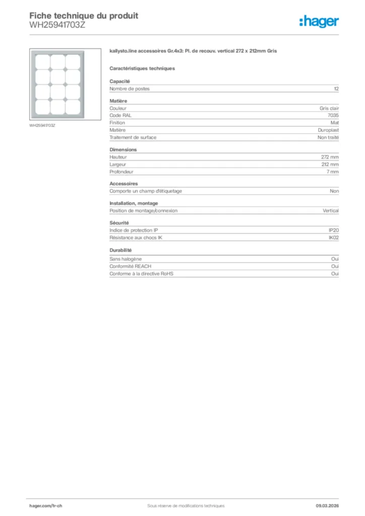 Image Hager Fiche technique du produit WH25941703Z | Hager Suisse
