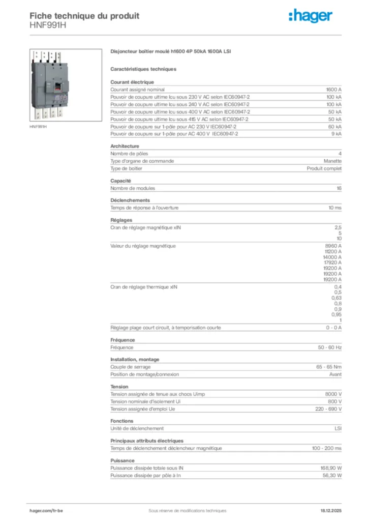 Image Hager Fiche technique du produit HNF991H | Hager Belgique