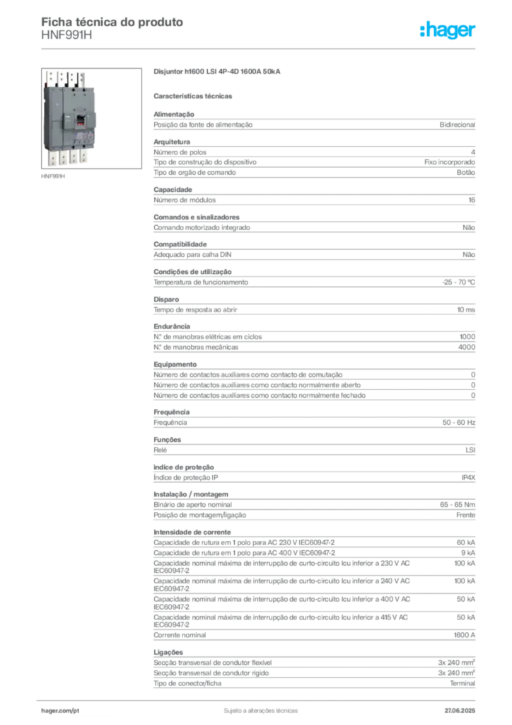 Imagem Hager Ficha técnica do produto HNF991H | Hager Portugal