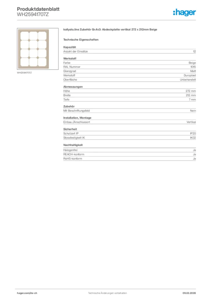 Bild Hager Produktdatenblatt WH25941707Z | Hager Schweiz