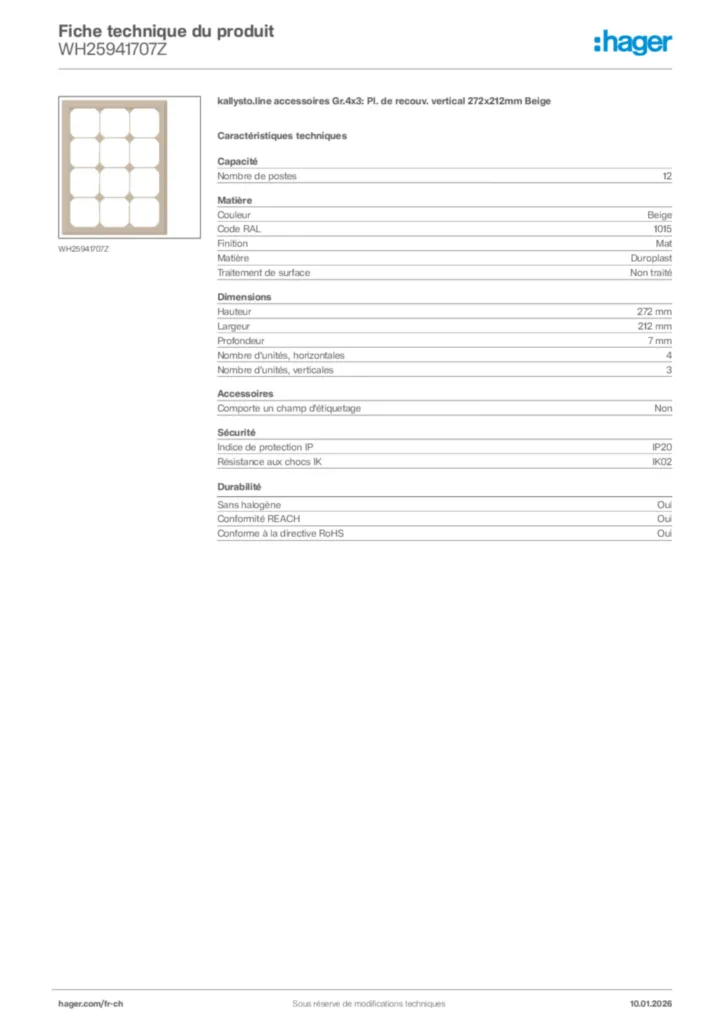 Image Hager Fiche technique du produit WH25941707Z | Hager Suisse
