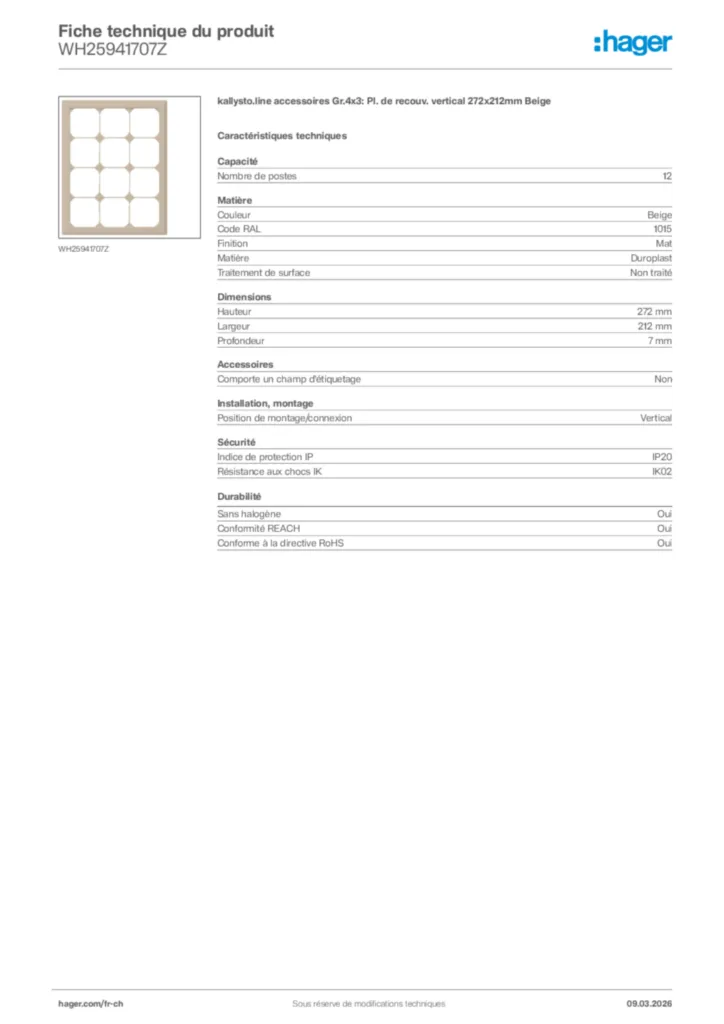 Image Hager Fiche technique du produit WH25941707Z | Hager Suisse