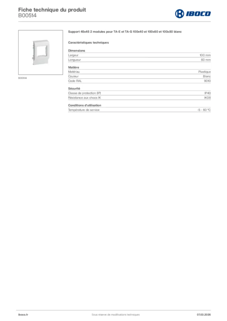 Image Iboco Fiche technique du produit B00514 | Hager France