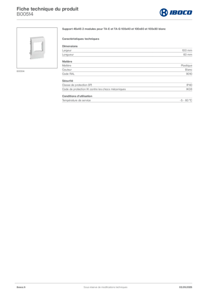 Image Iboco Fiche technique du produit B00514 | Hager France