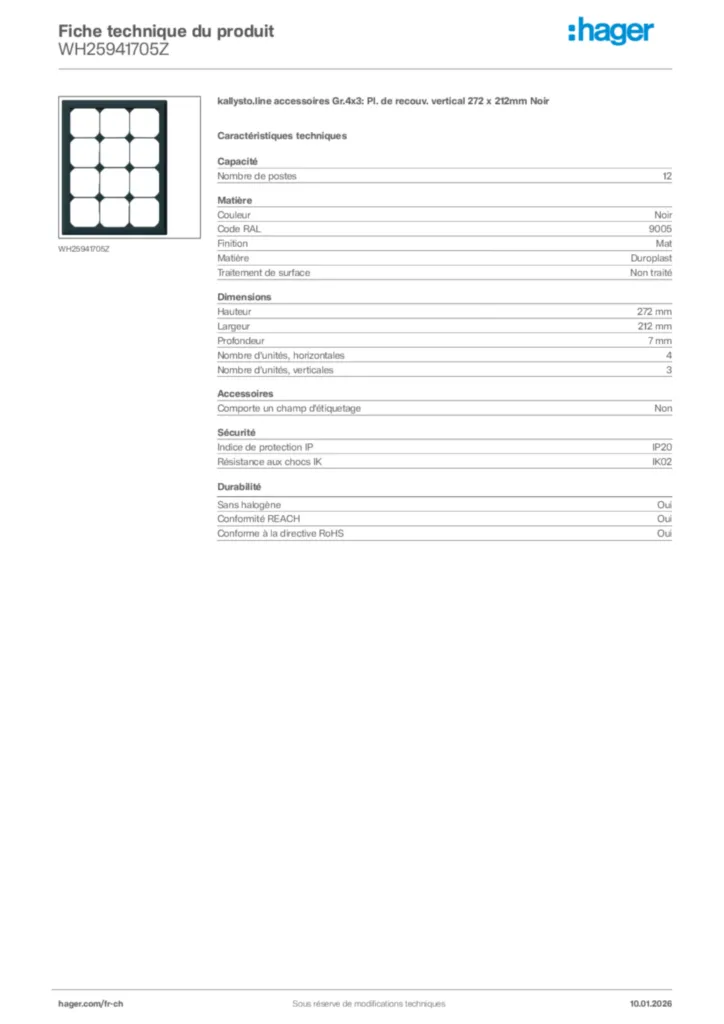 Image Hager Fiche technique du produit WH25941705Z | Hager Suisse