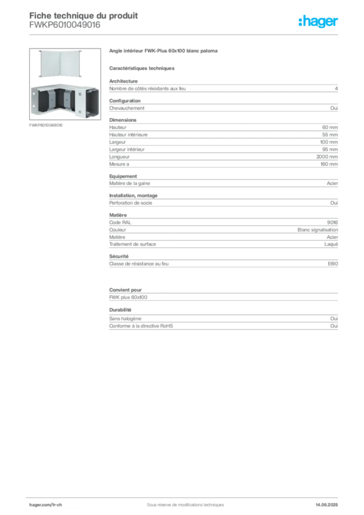 Image Hager Fiche technique du produit FWKP6010049016 | Hager Suisse