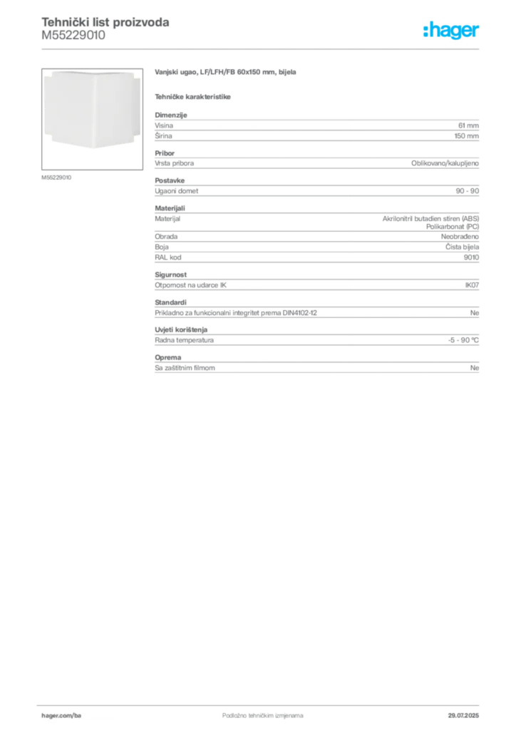 Slika Hager Product data sheet M55229010  | Hager