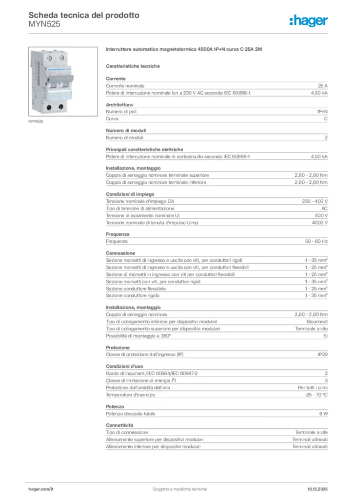 Immagine Hager Scheda tecnica del prodotto MYN525 | Hager Italia