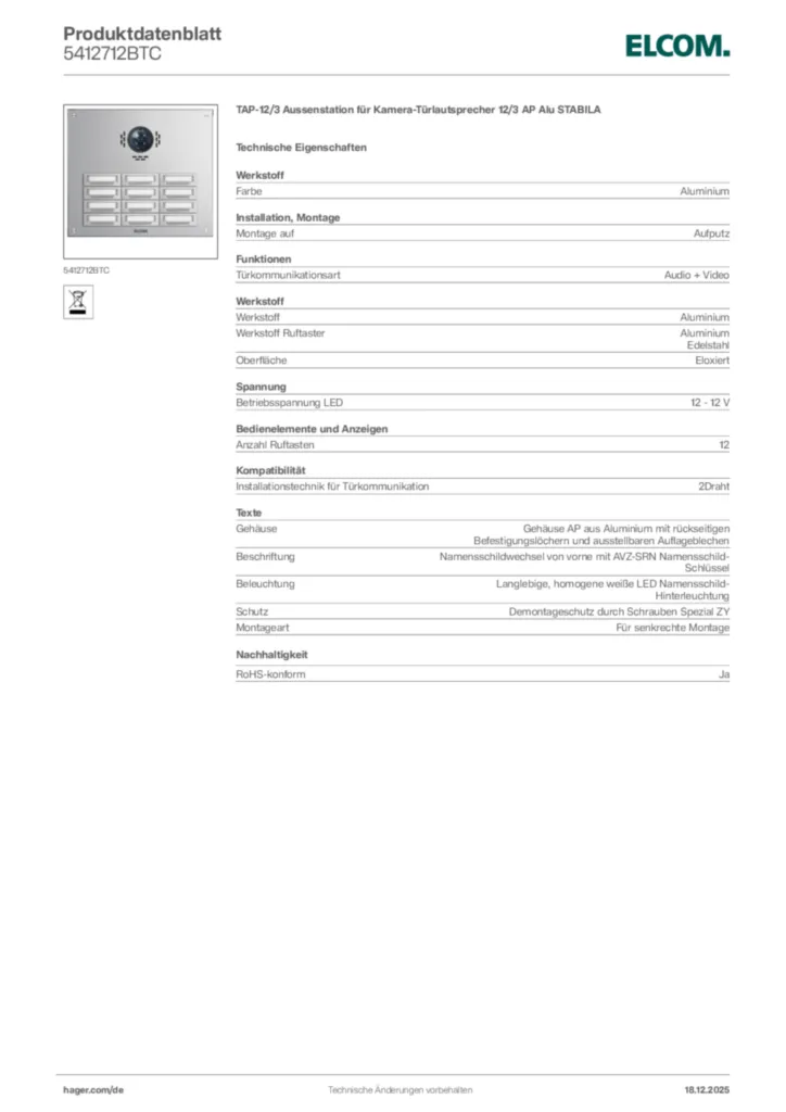 Bild Elcom Produktdatenblatt 5412712BTC | Hager Deutschland