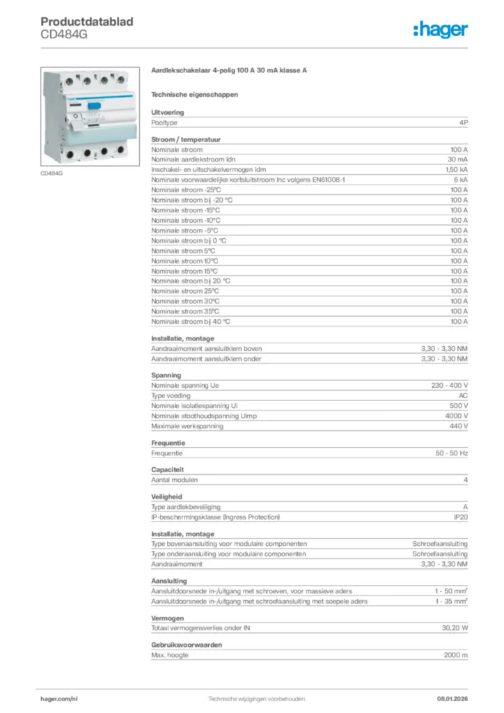 Afbeelding Hager Productdatablad CD484G | Hager Nederland