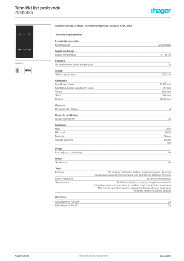 Slika Hager Product data sheet 75142935  | Hager