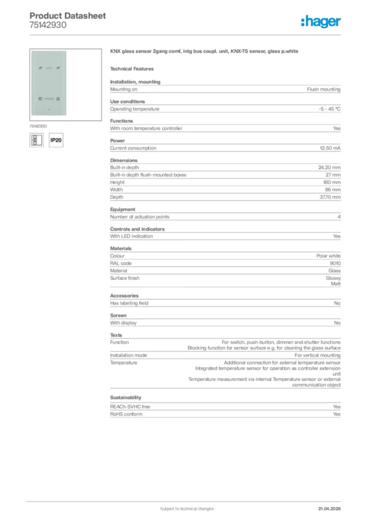 Image Hager Product data sheet 75142930  | Hager Africa