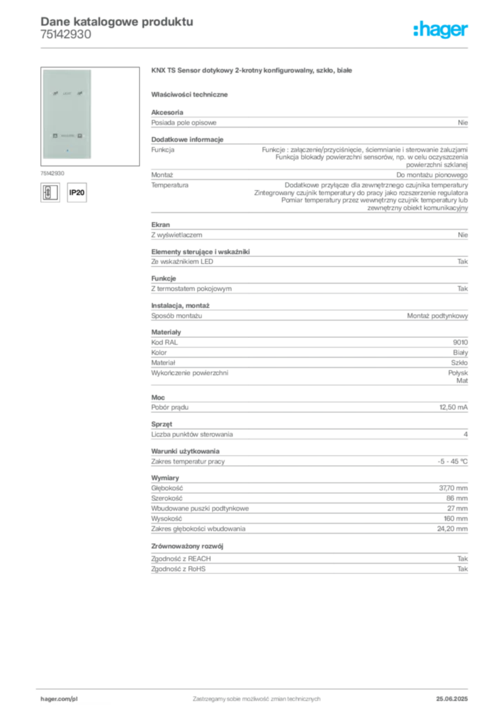 Zdjęcie Hager Karta katalogowa 75142930 | Hager Polska