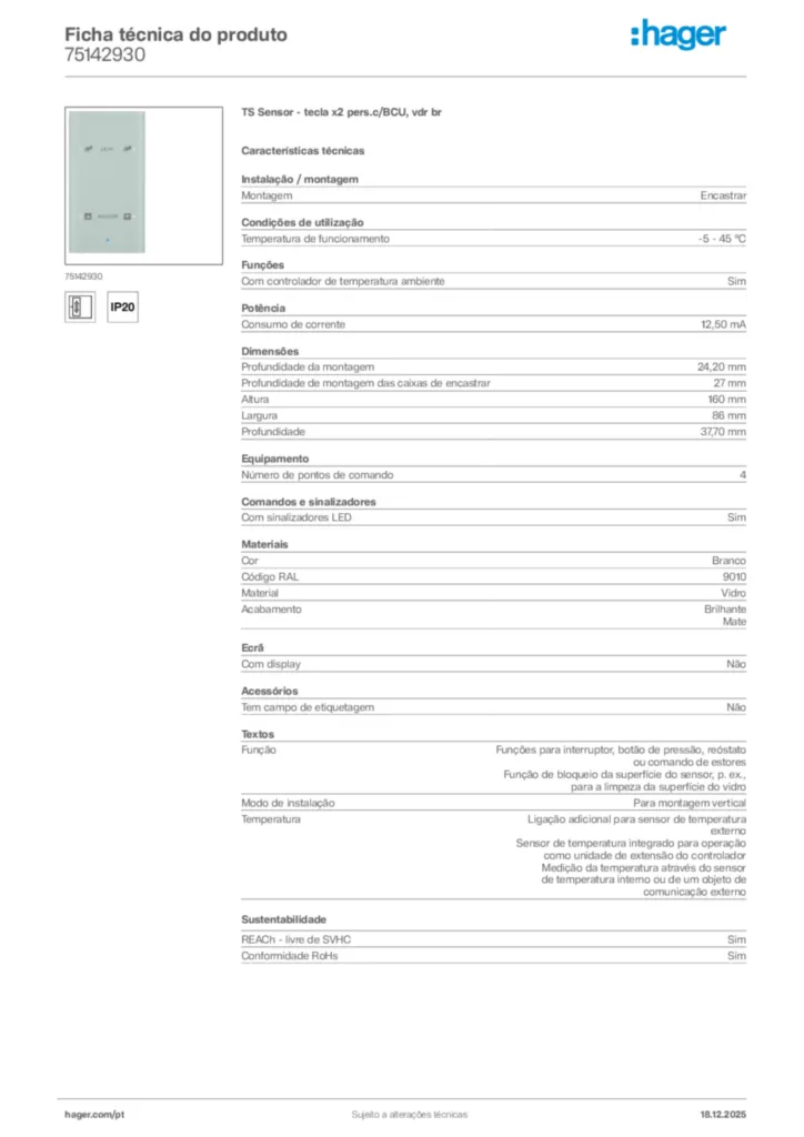 Imagem Hager Ficha técnica do produto 75142930 | Hager Portugal