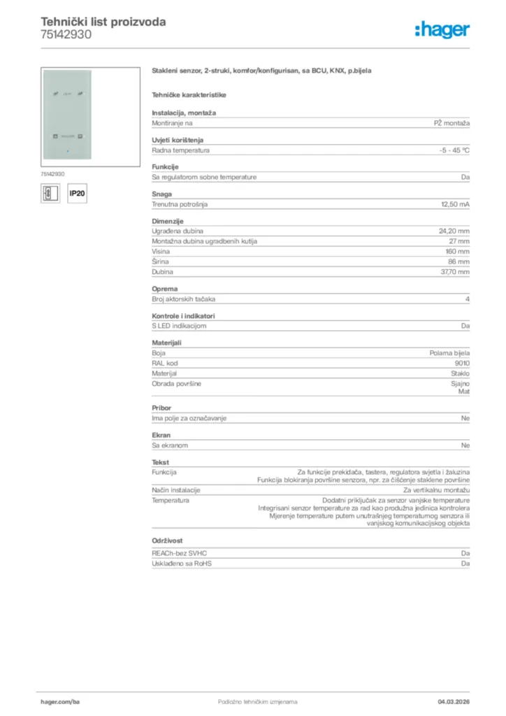 Slika Hager Tehnički list proizvoda 75142930  | Hager