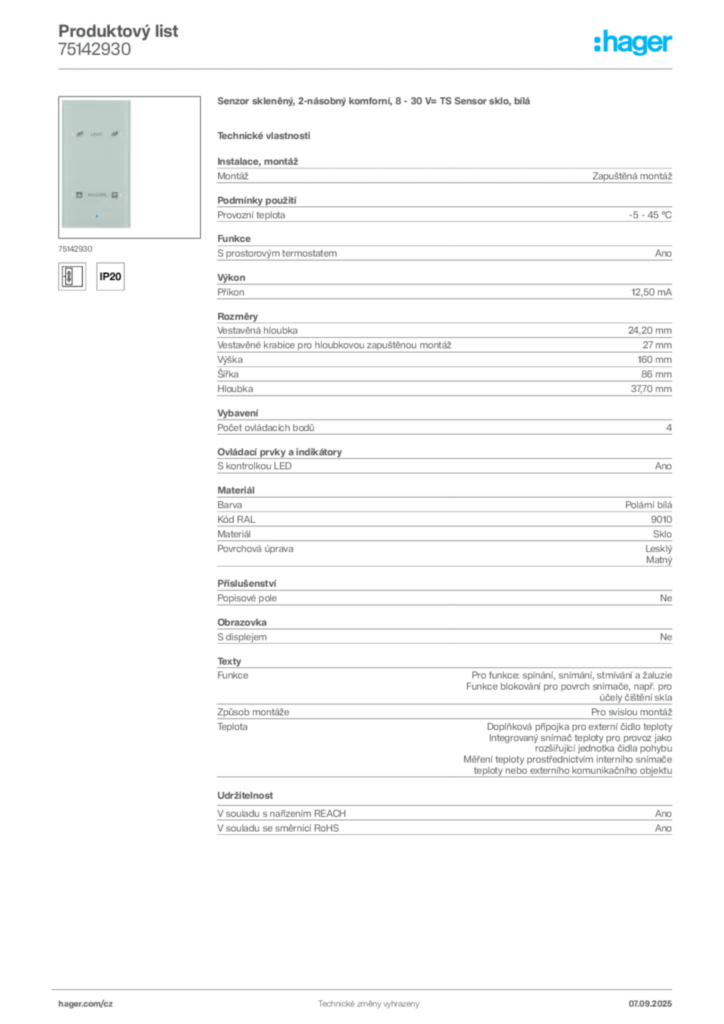 Obrázek Hager Produktový list 75142930 | Hager