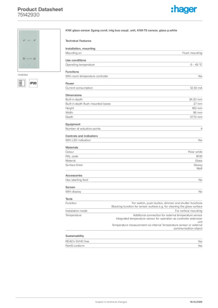 Image Hager Product data sheet 75142930  | Hager