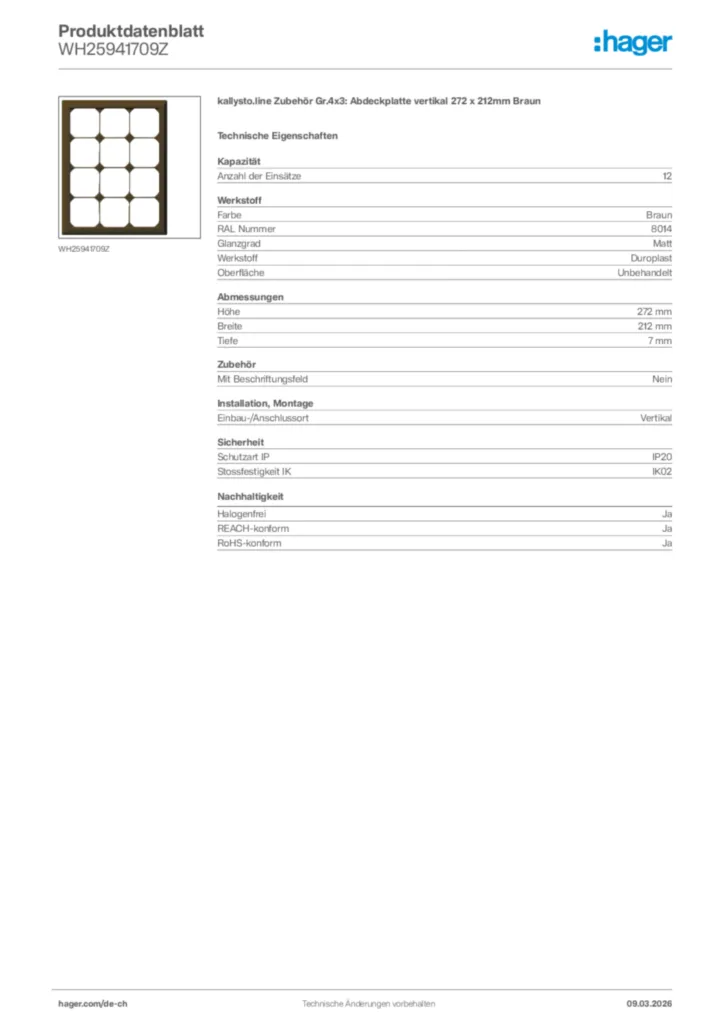 Bild Hager Produktdatenblatt WH25941709Z | Hager Schweiz