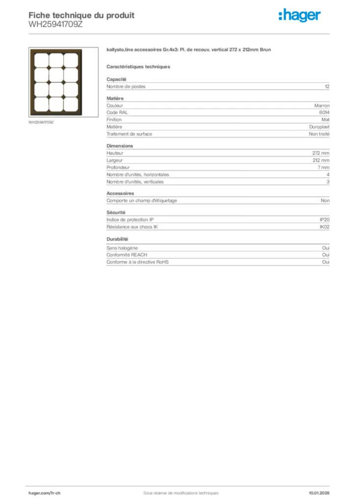 Image Hager Fiche technique du produit WH25941709Z | Hager Suisse