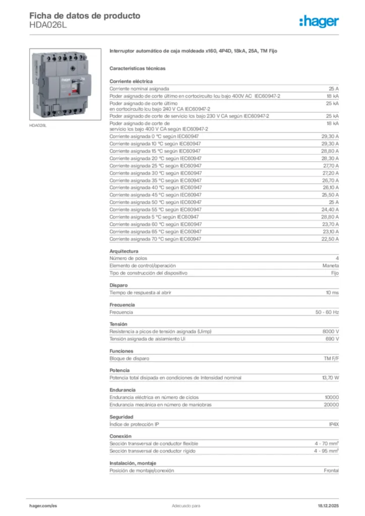 Imagen Hager Ficha de datos de producto HDA026L | Hager España