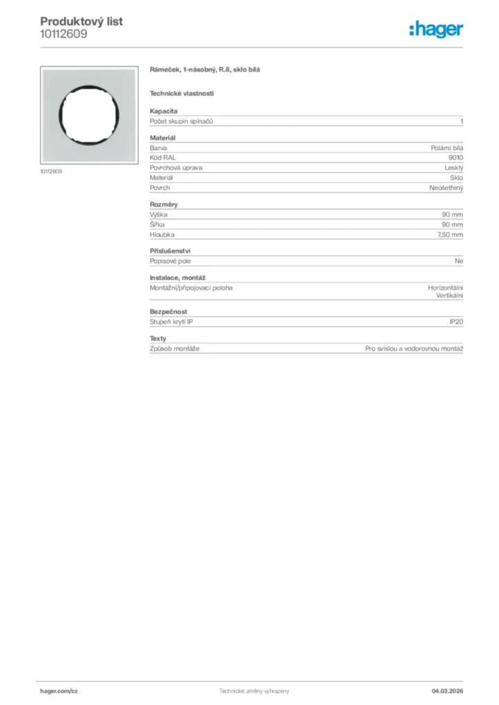 Obrázek Hager Product data sheet 10112609 | Hager