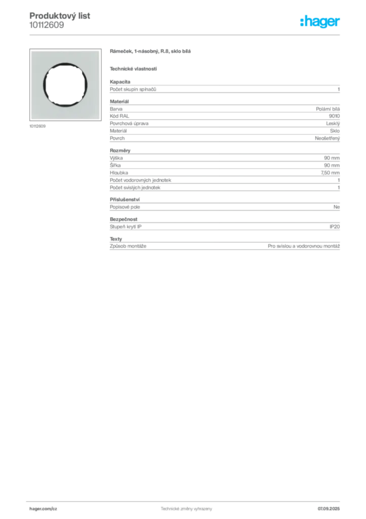 Obrázek Hager Produktový list 10112609 | Hager