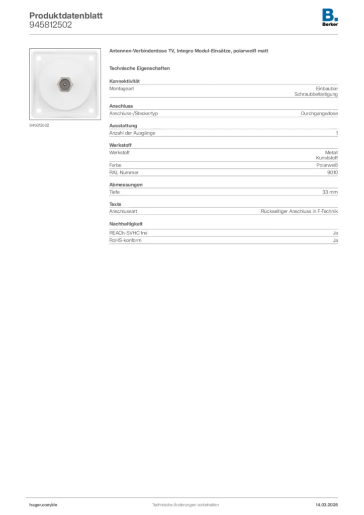 Bild Berker Produktdatenblatt 945812502 | Hager Deutschland