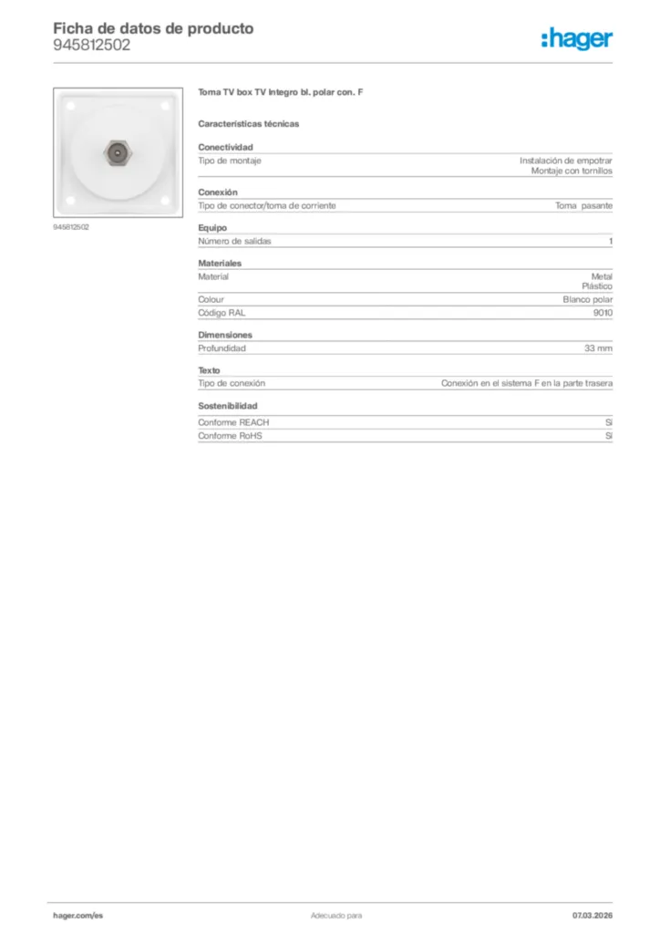 Imagen Hager Ficha de datos de producto 945812502 | Hager España