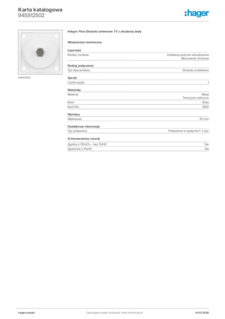 Zdjęcie Hager Karta katalogowa 945812502 | Hager Polska