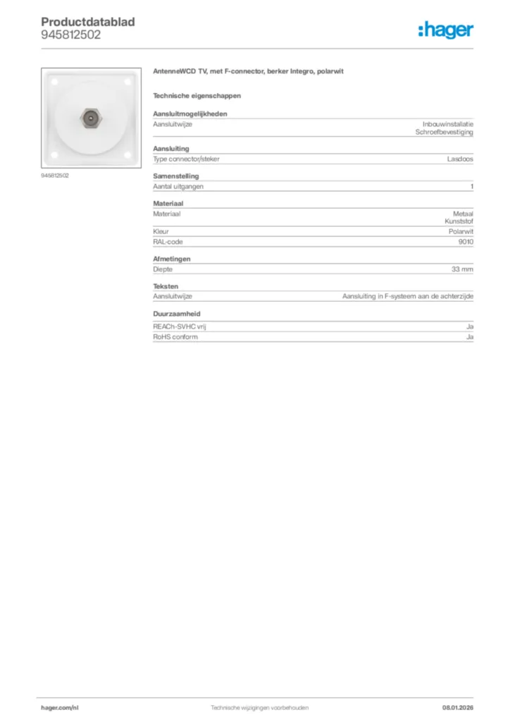 Afbeelding Hager Productdatablad 945812502 | Hager Nederland