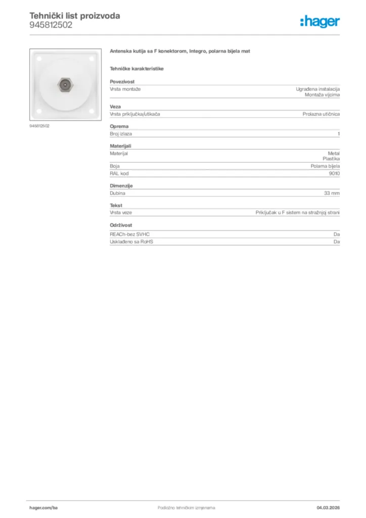 Slika Hager Tehnički list proizvoda 945812502  | Hager