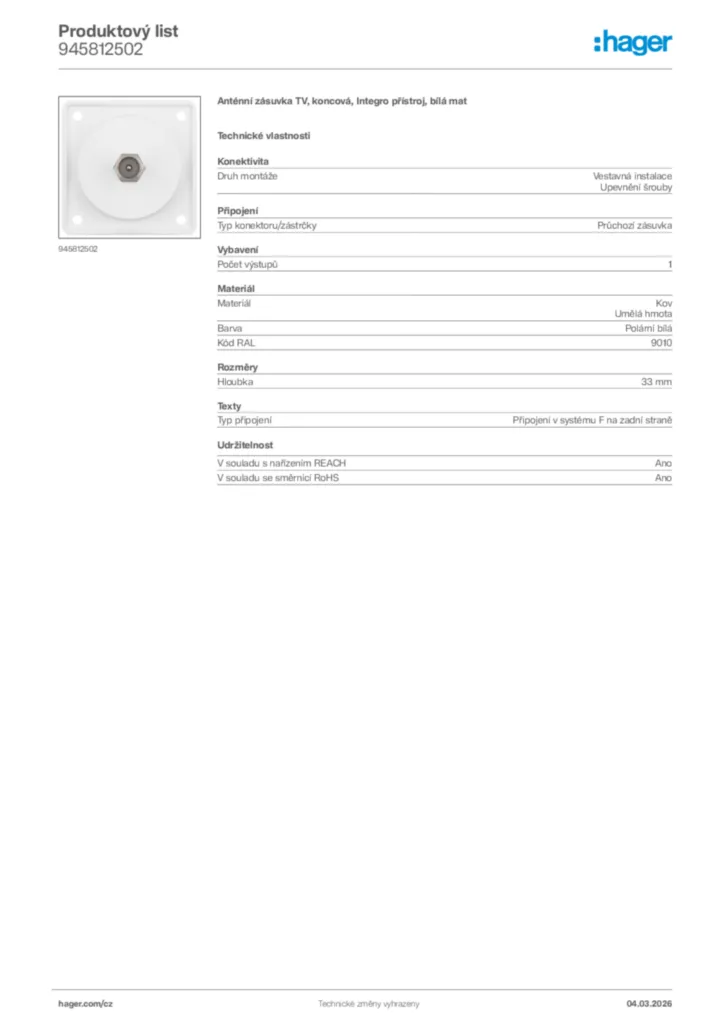Obrázek Hager Product data sheet 945812502 | Hager