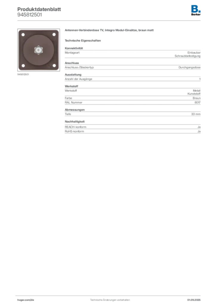 Bild Berker Produktdatenblatt 945812501 | Hager Deutschland