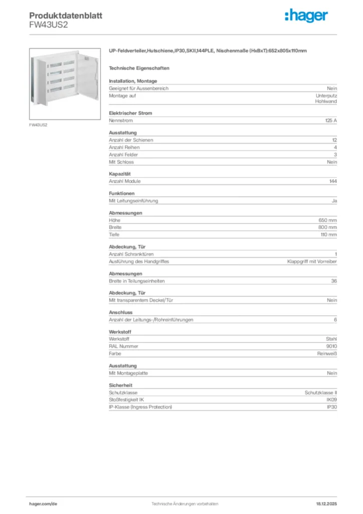 Bild Hager Produktdatenblatt FW43US2 | Hager Deutschland