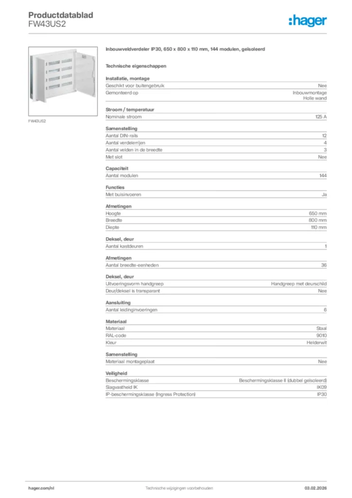 Afbeelding Hager Productdatablad FW43US2 | Hager Nederland