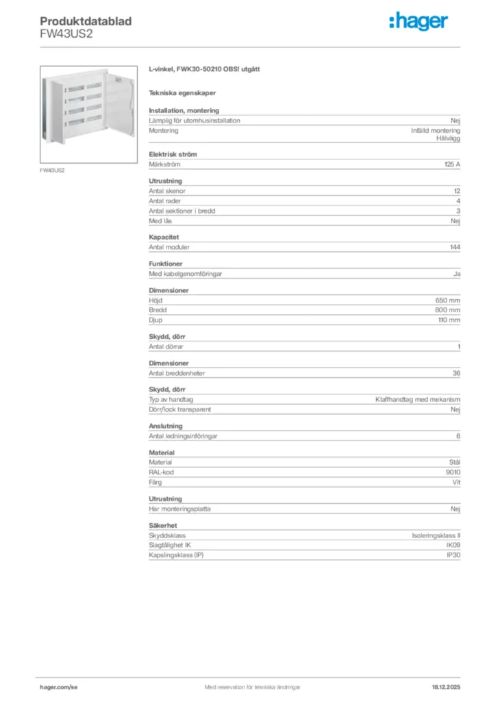 Bild Hager Produktdatablad FW43US2 | Hager Sverige