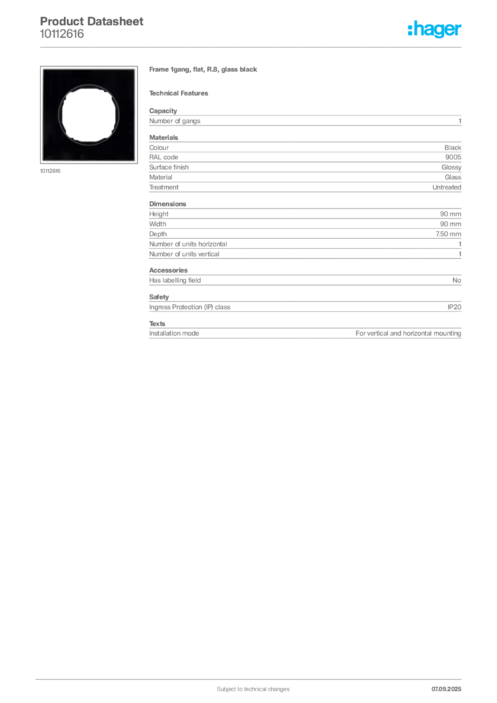 Image Hager Product data sheet 10112616  | Hager