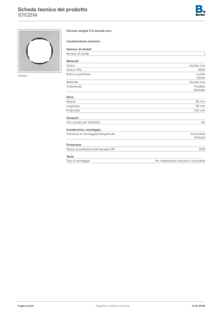 Immagine Berker Scheda tecnica del prodotto 10112614 | Hager Italia