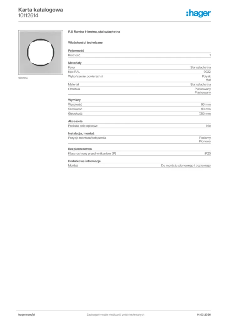 Zdjęcie Hager Karta katalogowa 10112614 | Hager Polska