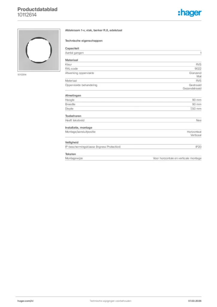 Afbeelding Hager Productdatablad 10112614 | Hager Nederland