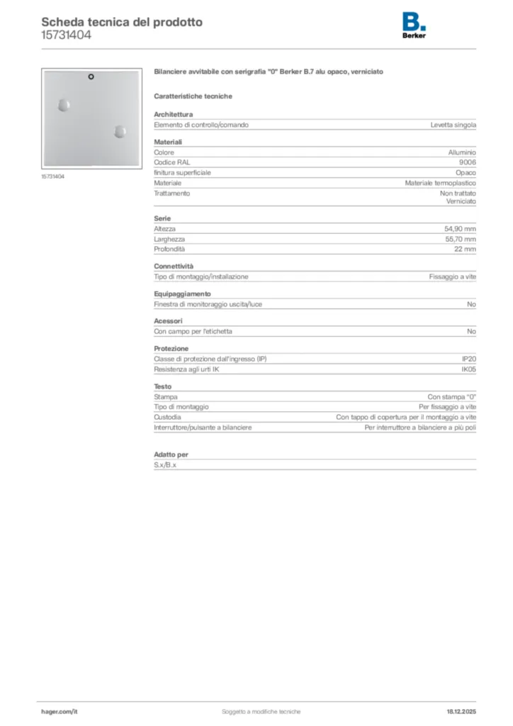 Immagine Berker Scheda tecnica del prodotto 15731404 | Hager Italia