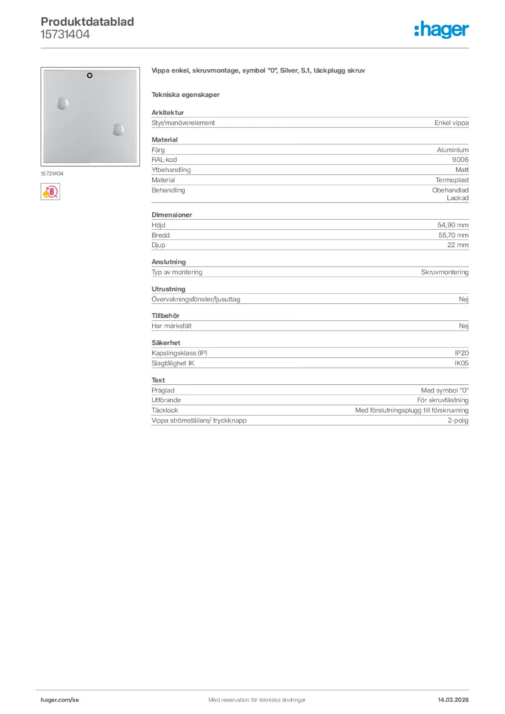 Bild Hager Produktdatablad 15731404 | Hager Sverige