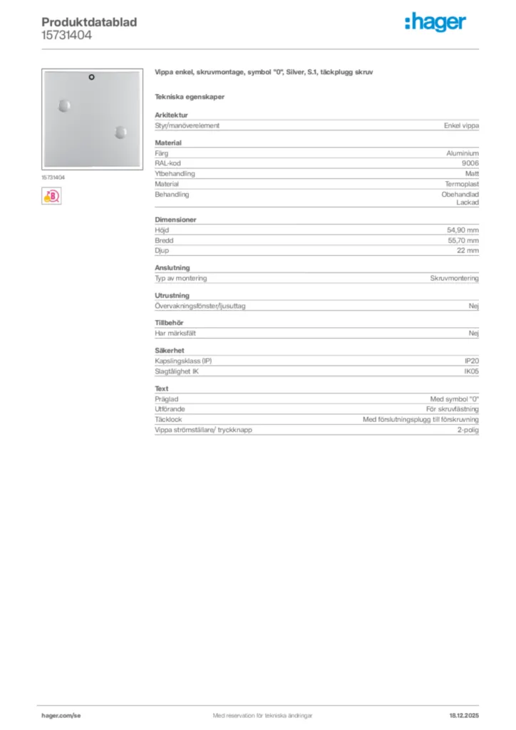 Bild Hager Produktdatablad 15731404 | Hager Sverige