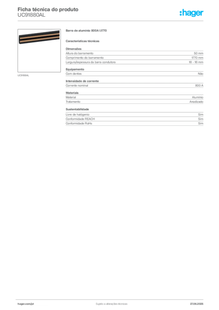 Imagem Hager Ficha técnica do produto UC91880AL | Hager Portugal