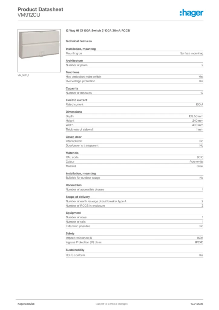Image Hager Product data sheet VM912CU  | Hager