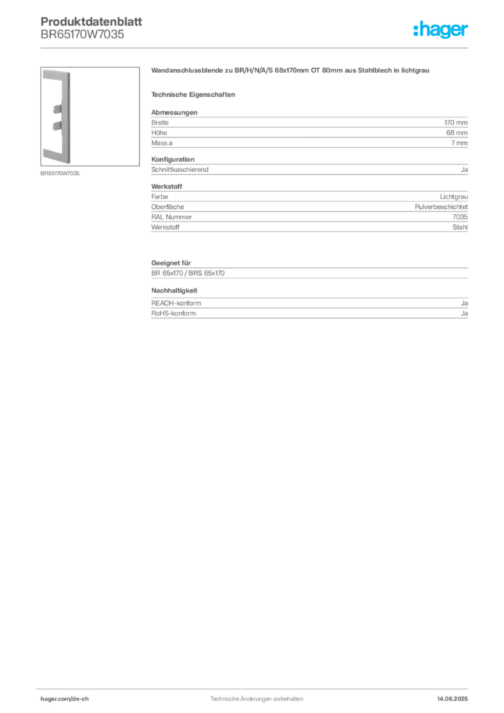 Bild Hager Produktdatenblatt BR65170W7035 | Hager Schweiz